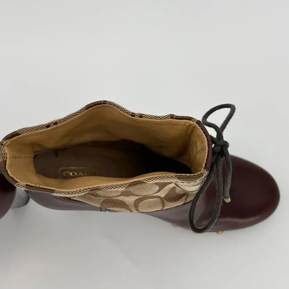 Coach F2370 Ediva Monogram Lace Up Block Heel Booties Brown Leather Size 9